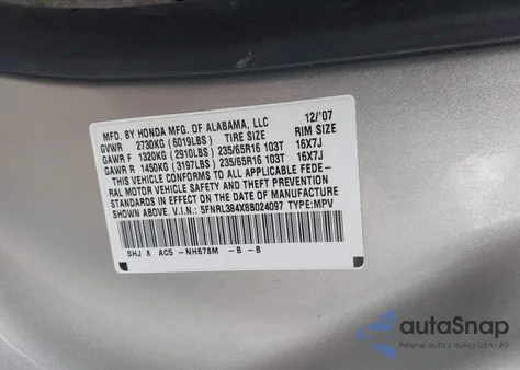 2008 Honda Odyssey Ex from USA, damaged, VIN 5FNRL384X8B024097